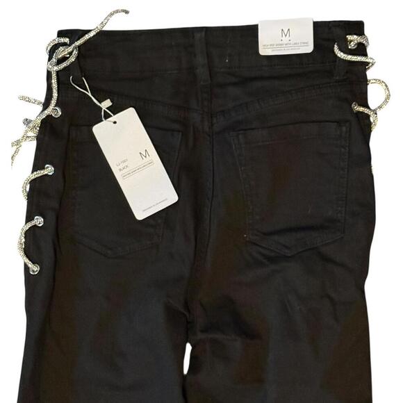 Labijou Black Lace Up Skinny Pants Silver Side Grommets Stretch Fit Size M - Picture 4 of 8